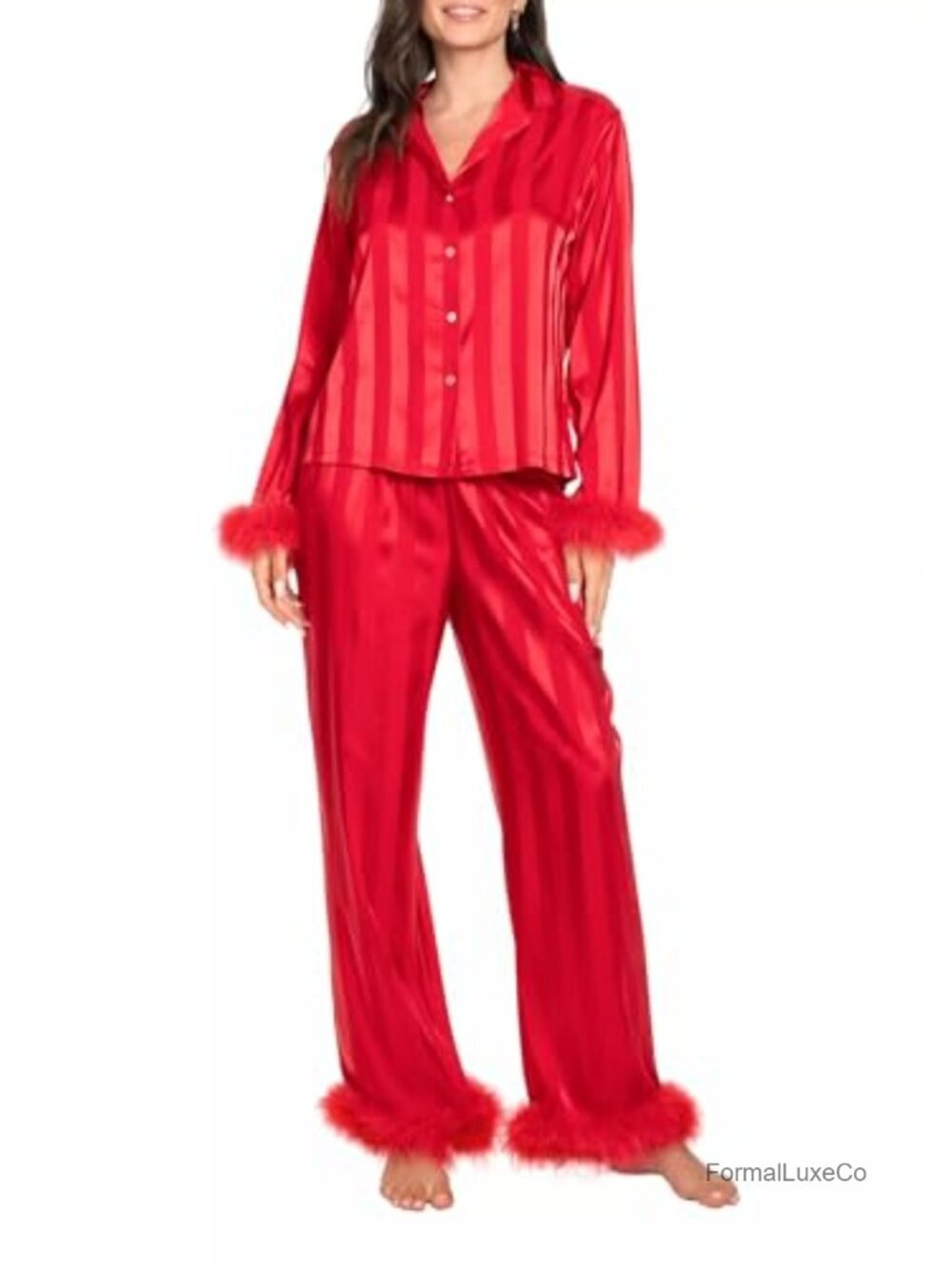 Silk Feather Trim Striped Pajama Set Button Down Shirt & Pants